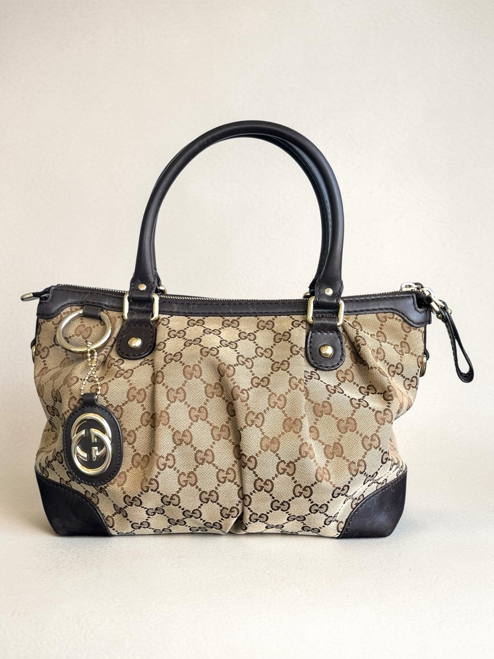 Gucci GG Canvas Brown Leather Satchel Shoulder Bag